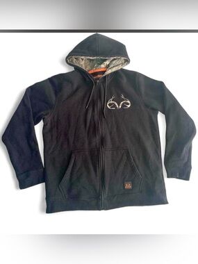 Realtree Zip Up Black Hoodie with Orange Accents and Camo Lining